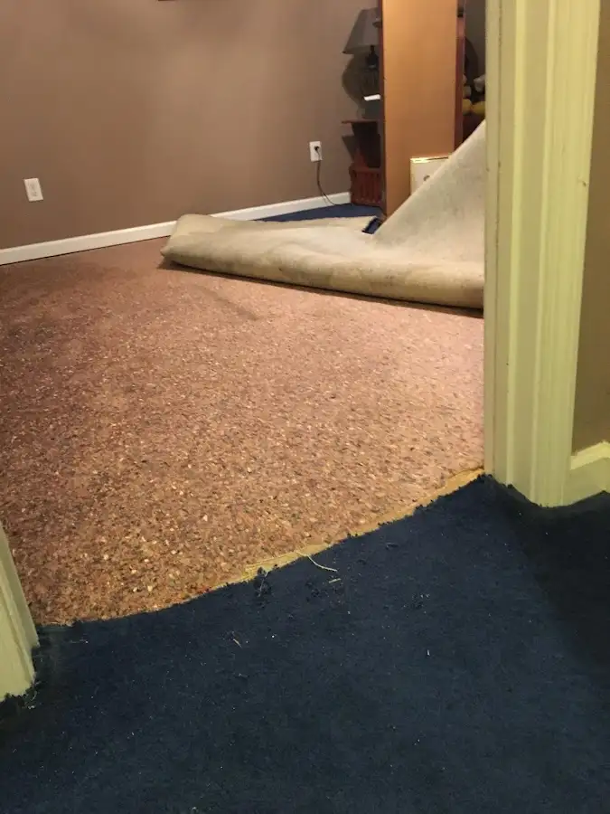 Carpet pad removal revealing water damage during Drying & Dehumidification in De Pere